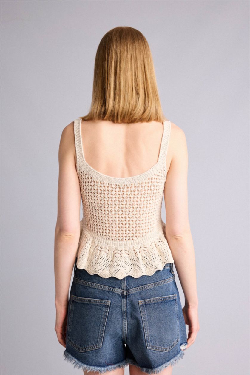 Women Ecru Regular Fit Knitwear Square Collar Tank Top