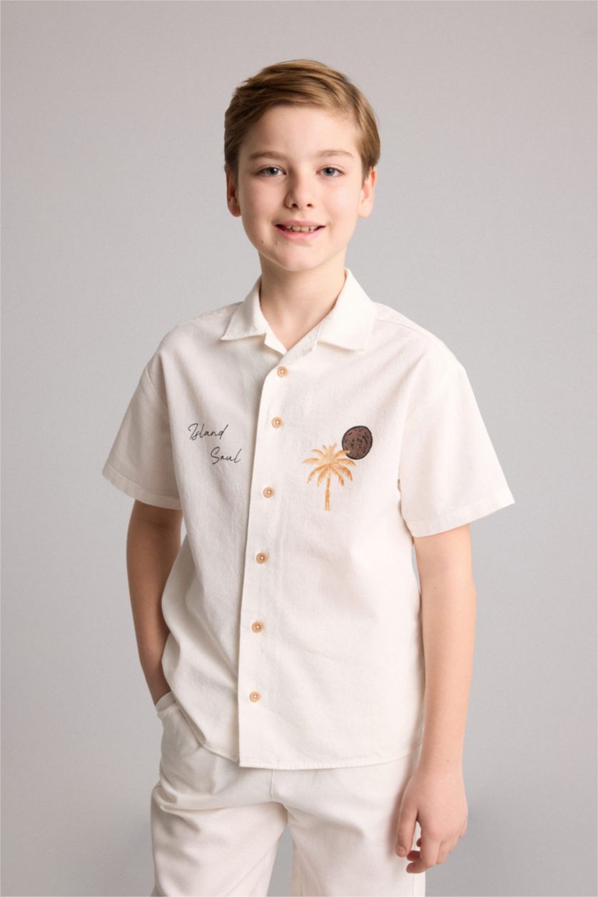 Young Boys - Teen Boys Ecru Regular Fit Tropical Patterned Short Sleeve Shirt
