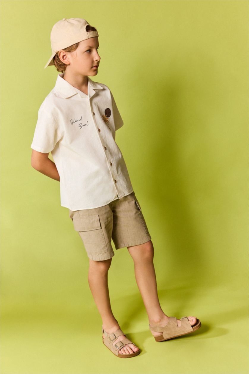 Young Boys - Teen Boys Ecru Boy Regular Fit Tropical Patterned Shirt