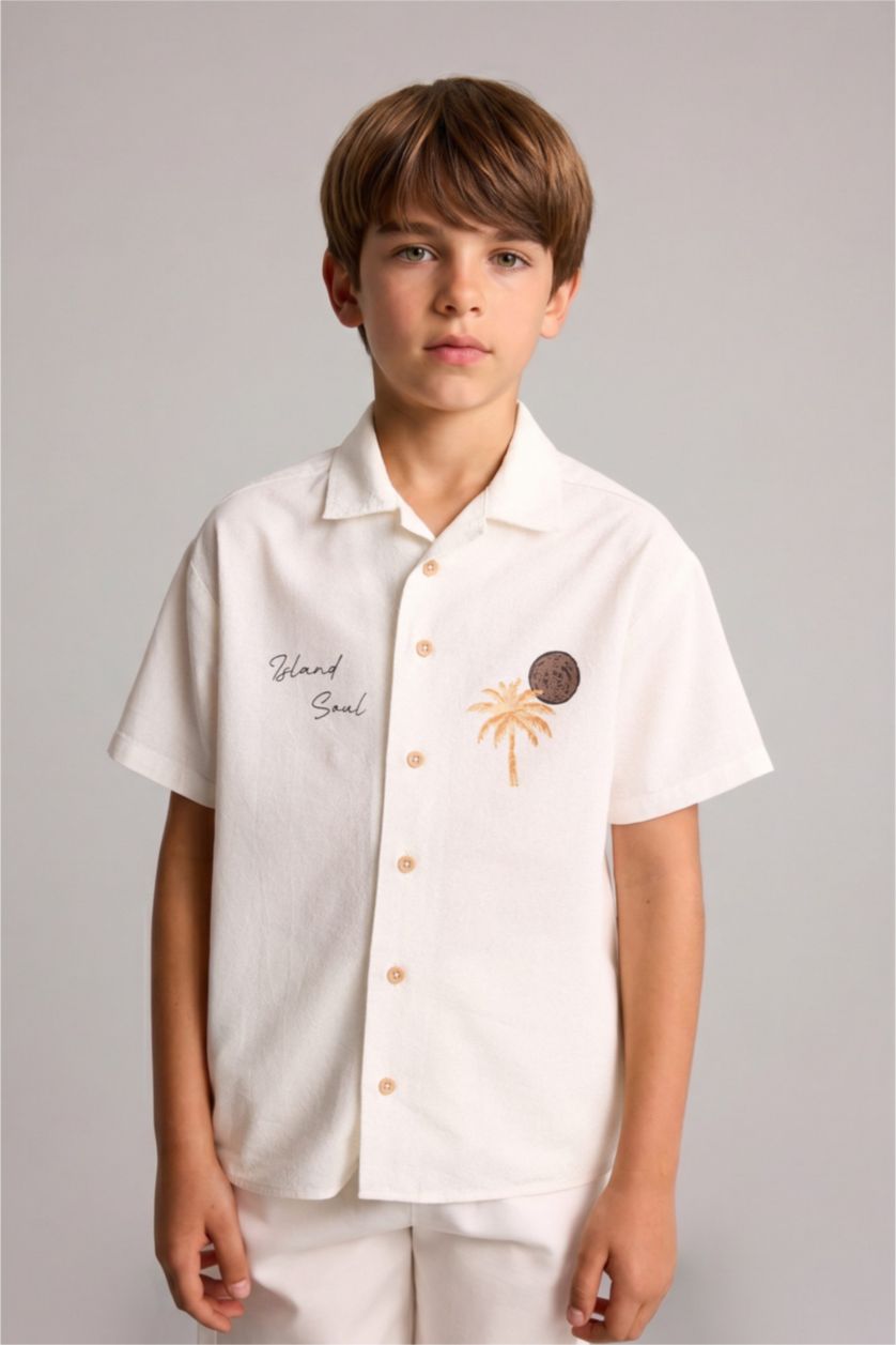 Young Boys - Teen Boys Ecru Boy Regular Fit Tropical Patterned Shirt