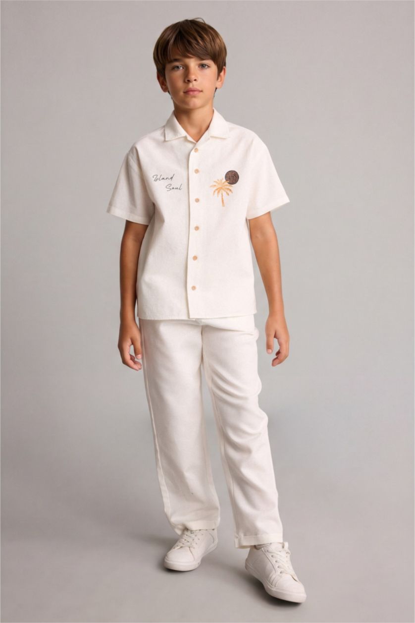 Young Boys - Teen Boys Ecru Boy Regular Fit Tropical Patterned Shirt