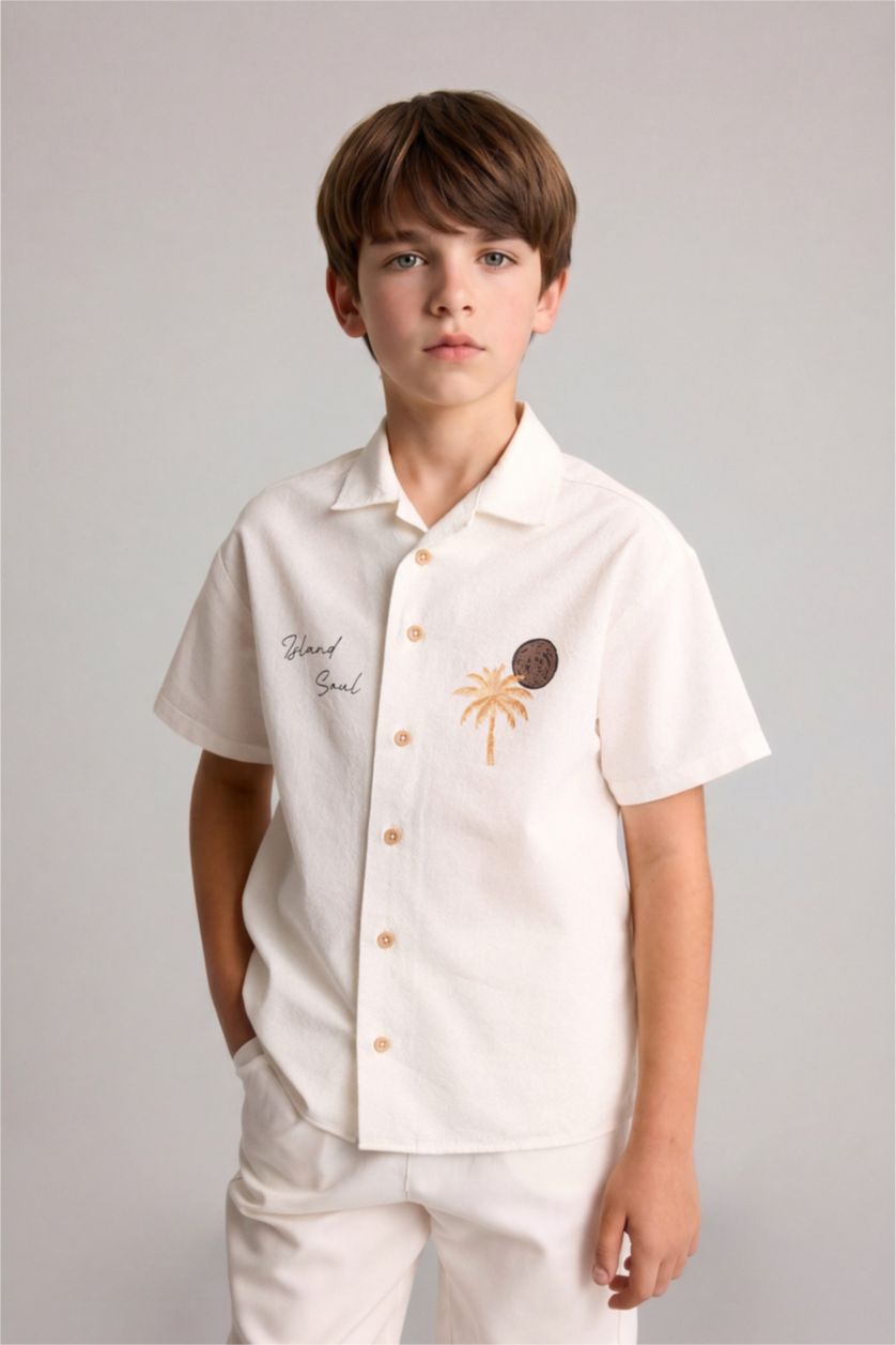 Young Boys - Teen Boys Ecru Boy Regular Fit Tropical Patterned Shirt