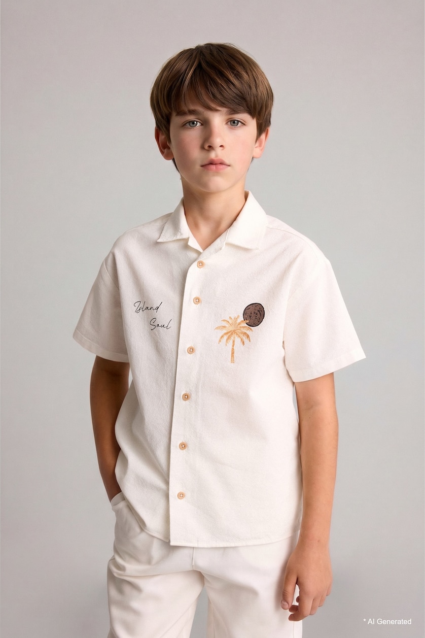 BOYS & TEENS Ecru Boy Regular Fit Tropical Patterned Shirt