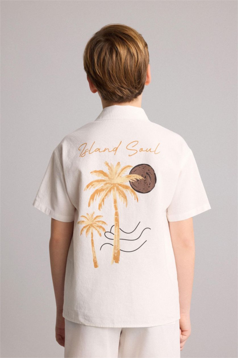 Young Boys - Teen Boys Ecru Boy Regular Fit Tropical Patterned Shirt