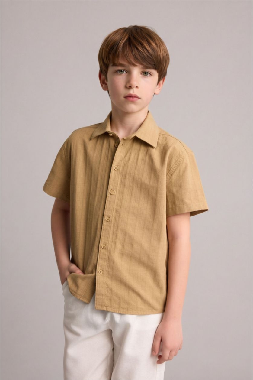 Young Boys - Teen Boys Beige Boy Regular Fit Poplin Short Sleeve Shirt