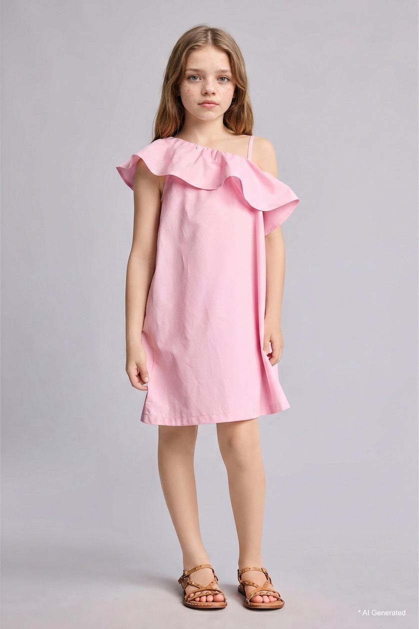 Girls & Teens Pink فستان قصير بناتي كت قطن