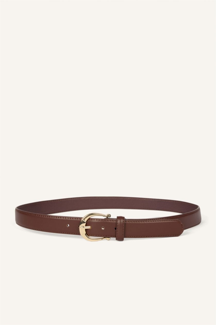 Women Brown Woman Rectangle Clasp Faux Leather Jean Belt