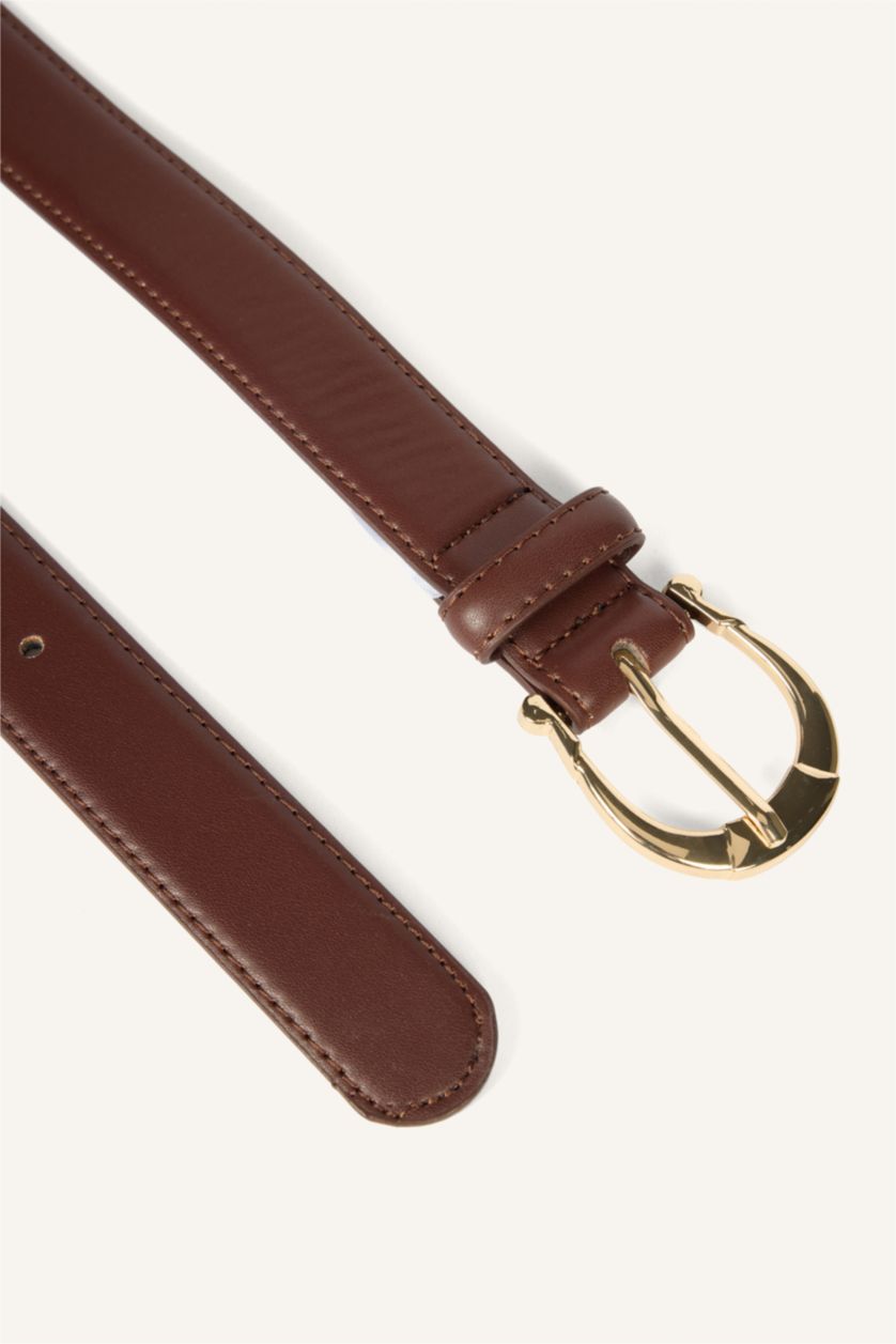 Women Brown Woman Rectangle Clasp Faux Leather Jean Belt