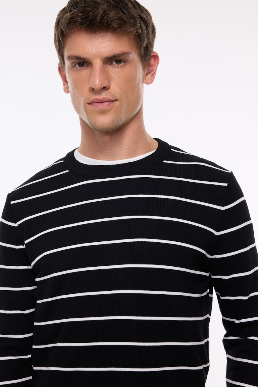 Man Black Standard Fit Striped Crew Neck Knit Pullover