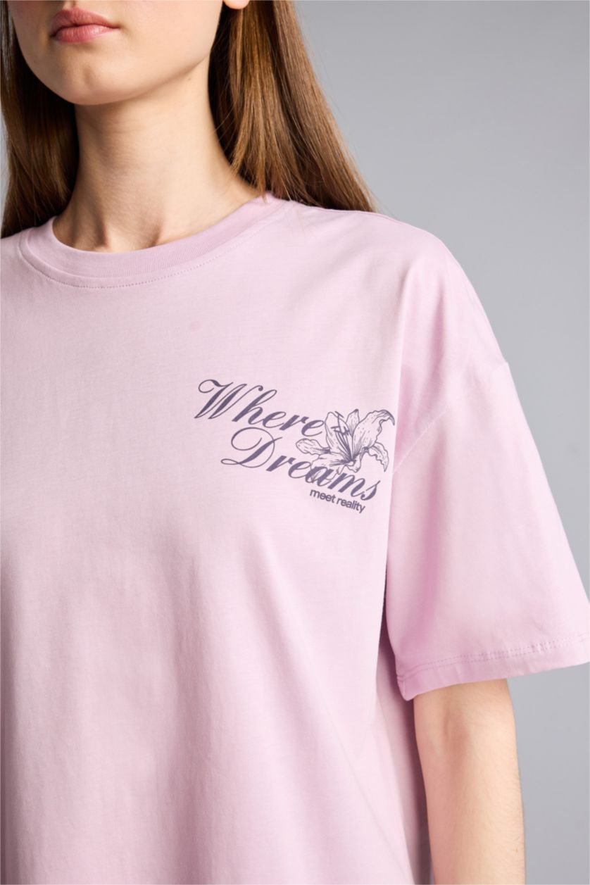 Kadın Açık Lila Oversize Kısa kollu Baskılı Tişört
