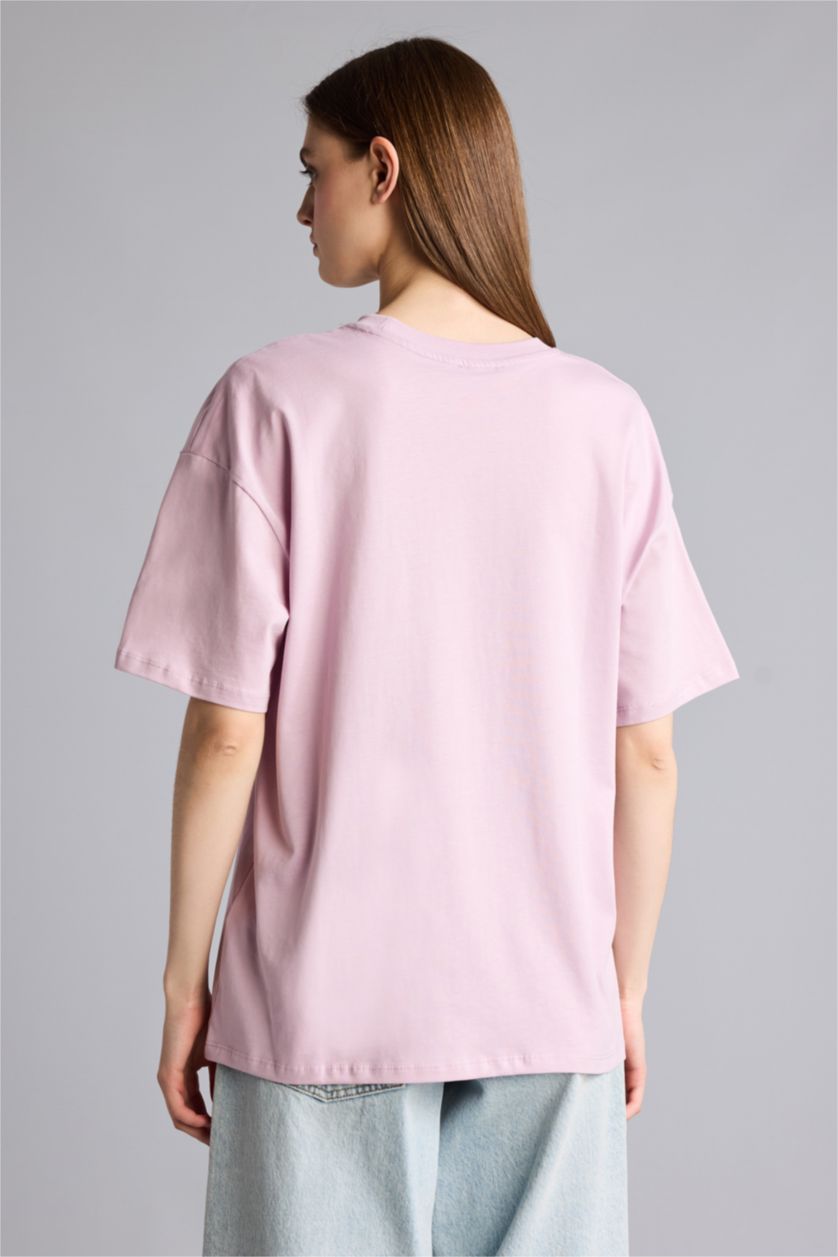 Kadın Açık Lila Oversize Kısa kollu Baskılı Tişört