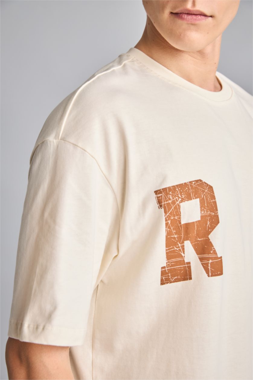 Men Ecru Boxy Fit Short Sleeve T-Shirt