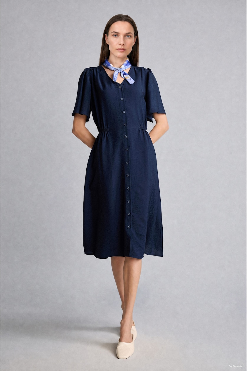 WOMAN NAVY A-Length V-Neck Short Sleeve Navy Midi Dress