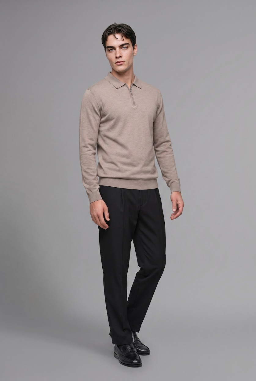 Erkek Taş Fermuarlı Polo Yaka Basic Kazak
