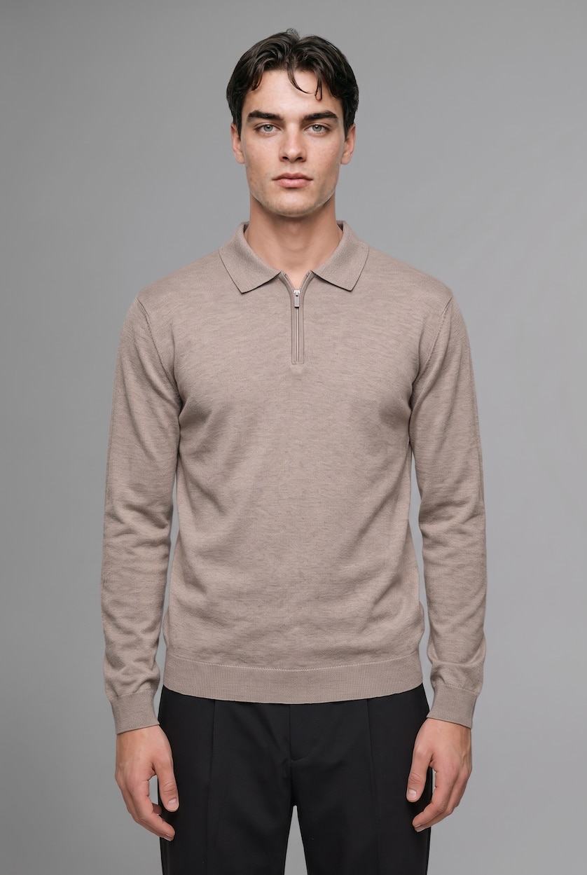 Erkek Taş Fermuarlı Polo Yaka Basic Kazak