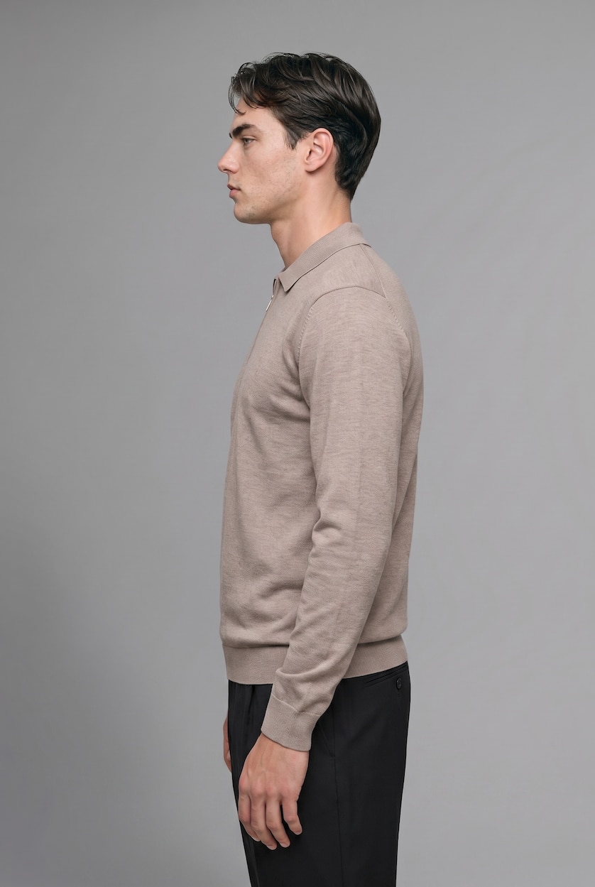 Erkek Taş Fermuarlı Polo Yaka Basic Kazak