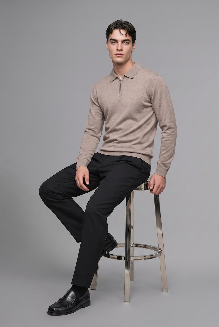 Erkek Taş Fermuarlı Polo Yaka Basic Kazak