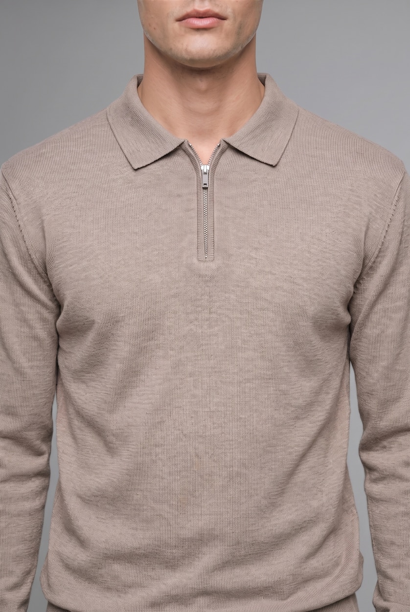 Erkek Taş Fermuarlı Polo Yaka Basic Kazak