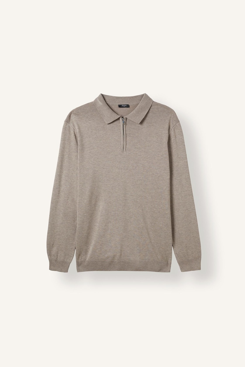 Erkek Taş Fermuarlı Polo Yaka Basic Kazak