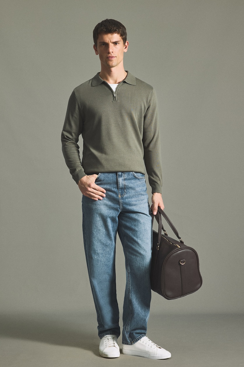 MESHKUJ Khaki Standard Fit Basic Zip-Up Polo Collar Knit Pullover