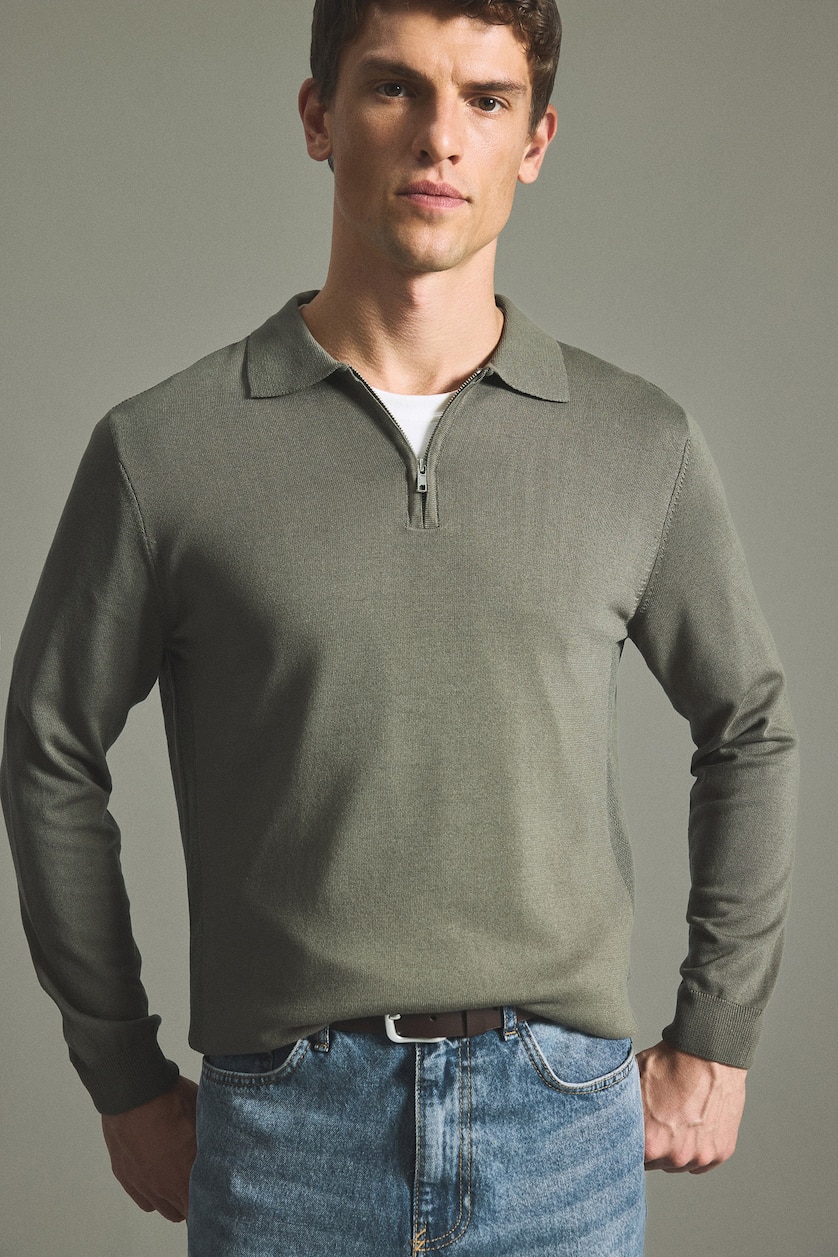 MESHKUJ Khaki Standard Fit Basic Zip-Up Polo Collar Knit Pullover