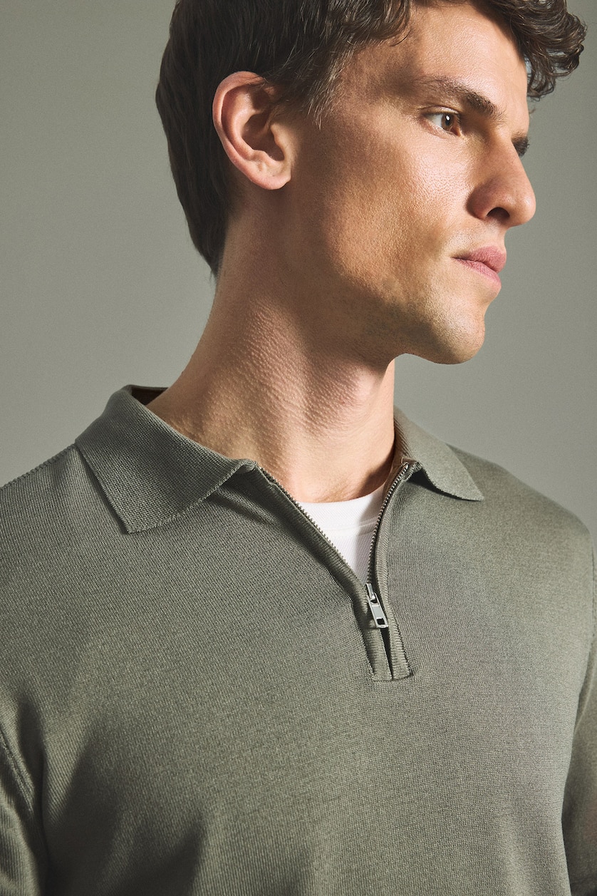 MESHKUJ Khaki Standard Fit Basic Zip-Up Polo Collar Knit Pullover