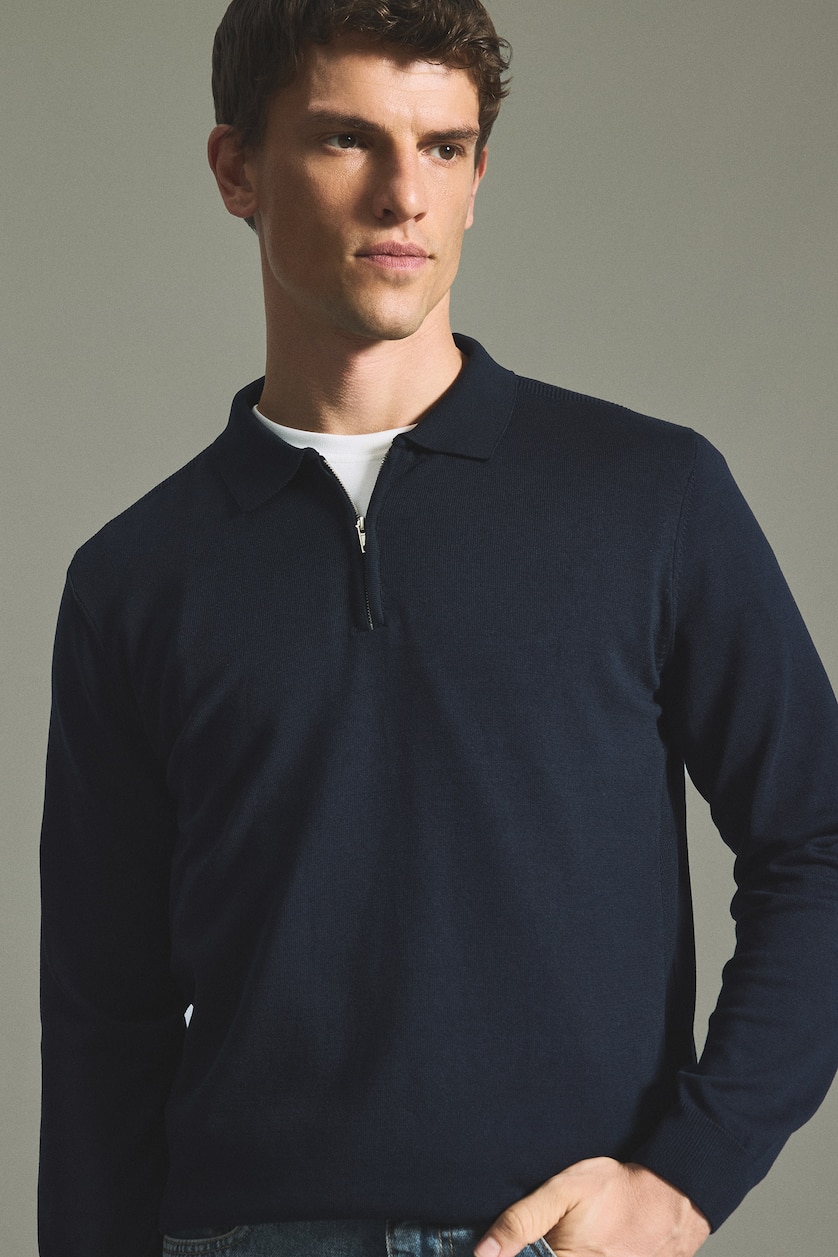MAN NAVY Standard Fit Basic Polo Collar Half-Zip Knit Pullover