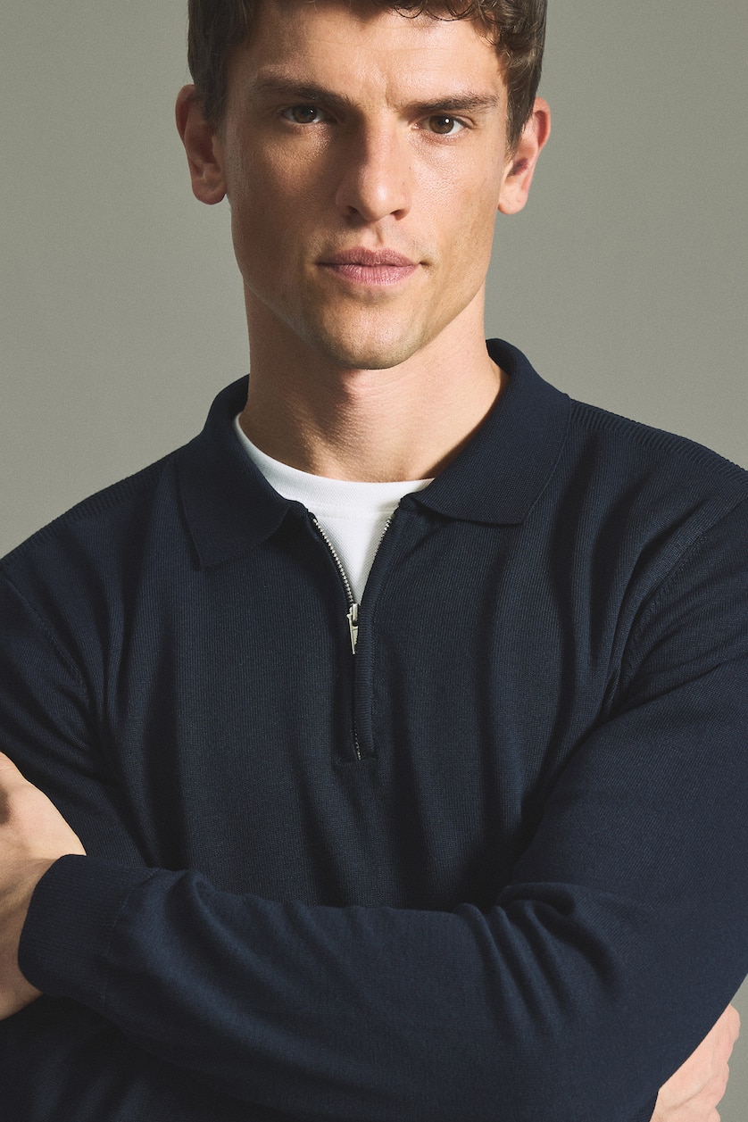 MAN NAVY Standard Fit Basic Polo Collar Half-Zip Knit Pullover
