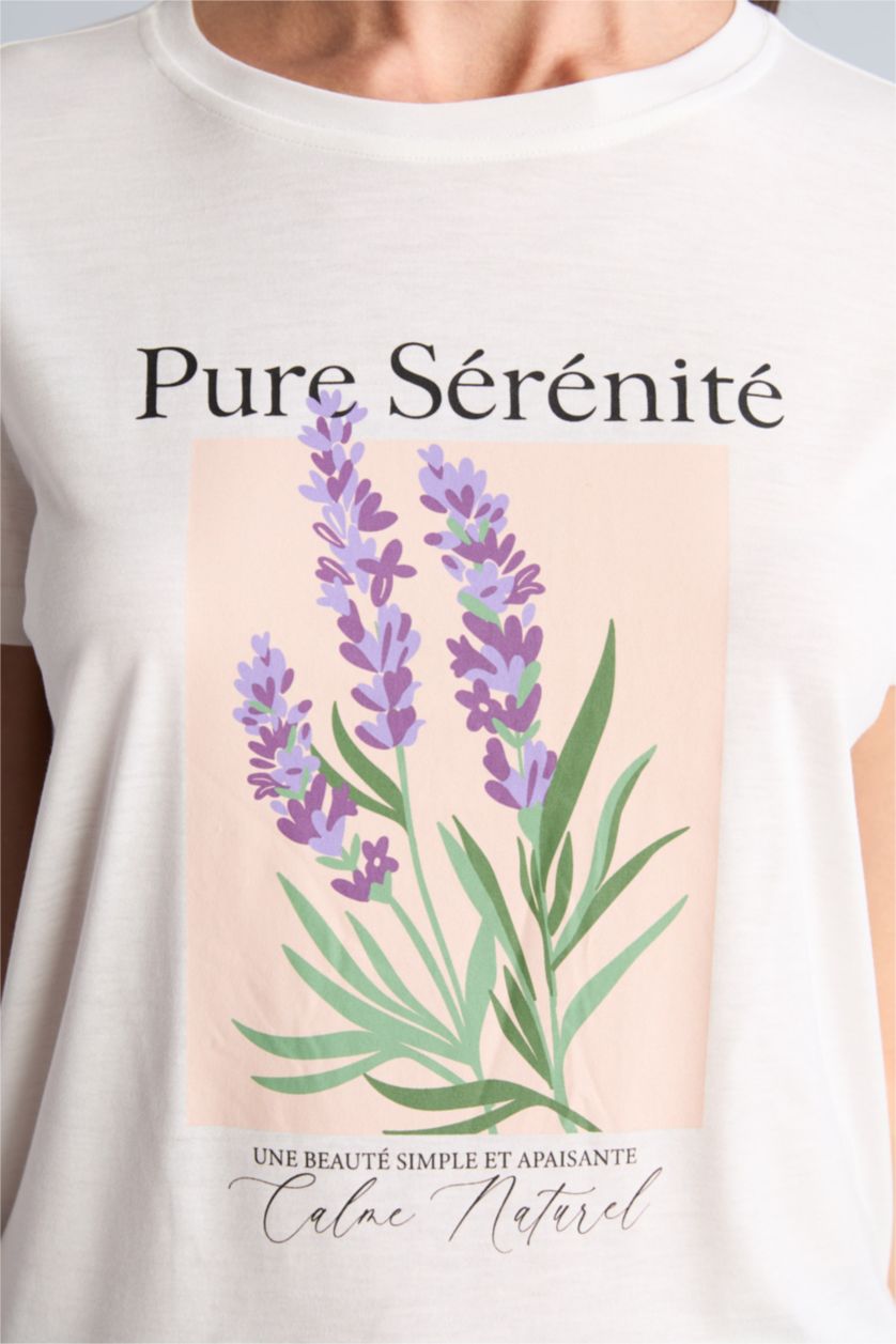 Kadın Ekru Regular Fit Çiçek desenli Tişört