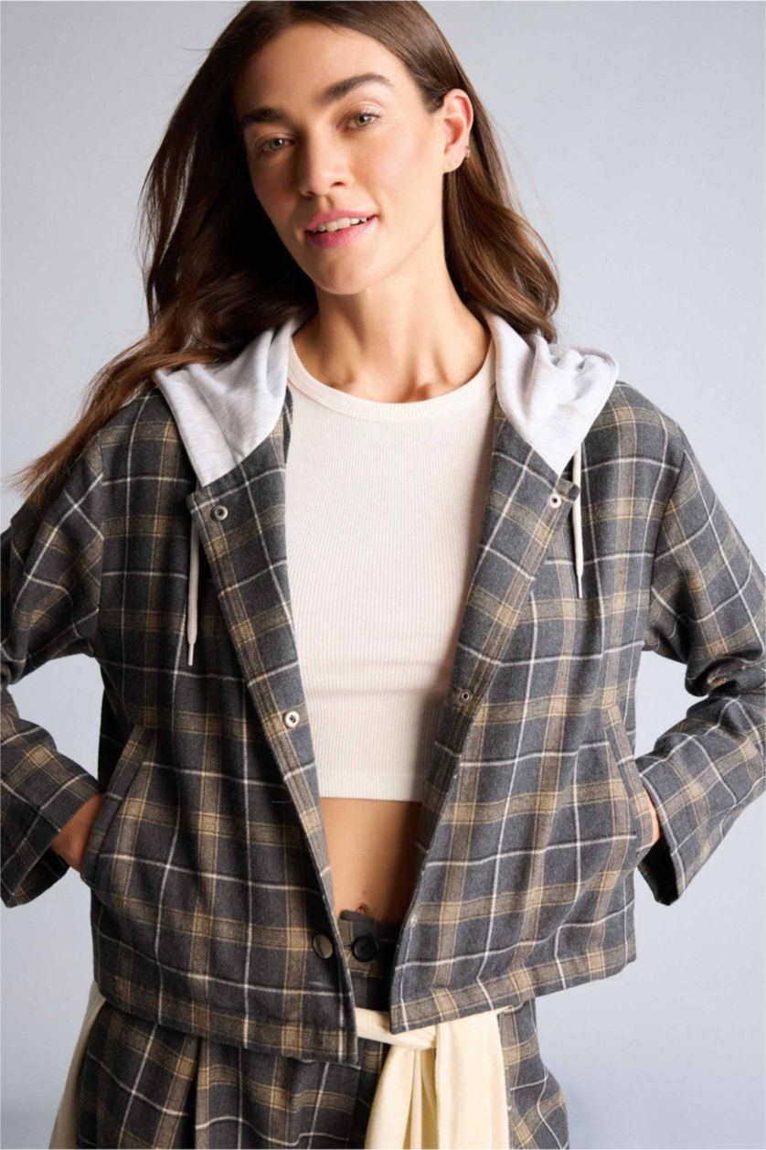 Kadın Antrasit Kapüşonlu Kareli Ceket