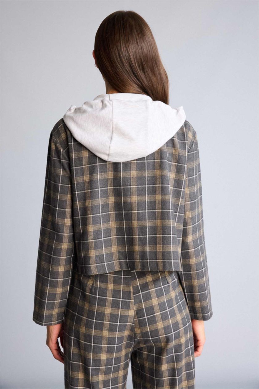 Kadın Antrasit Kapüşonlu Kareli Ceket