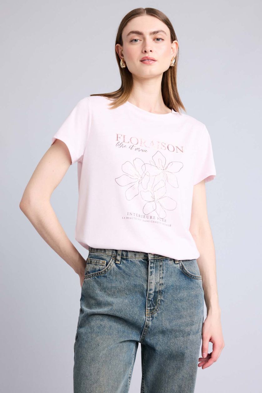 Kadın Açık Pembe Regular Fit Kısa kollu Çiçek desenli Tişört