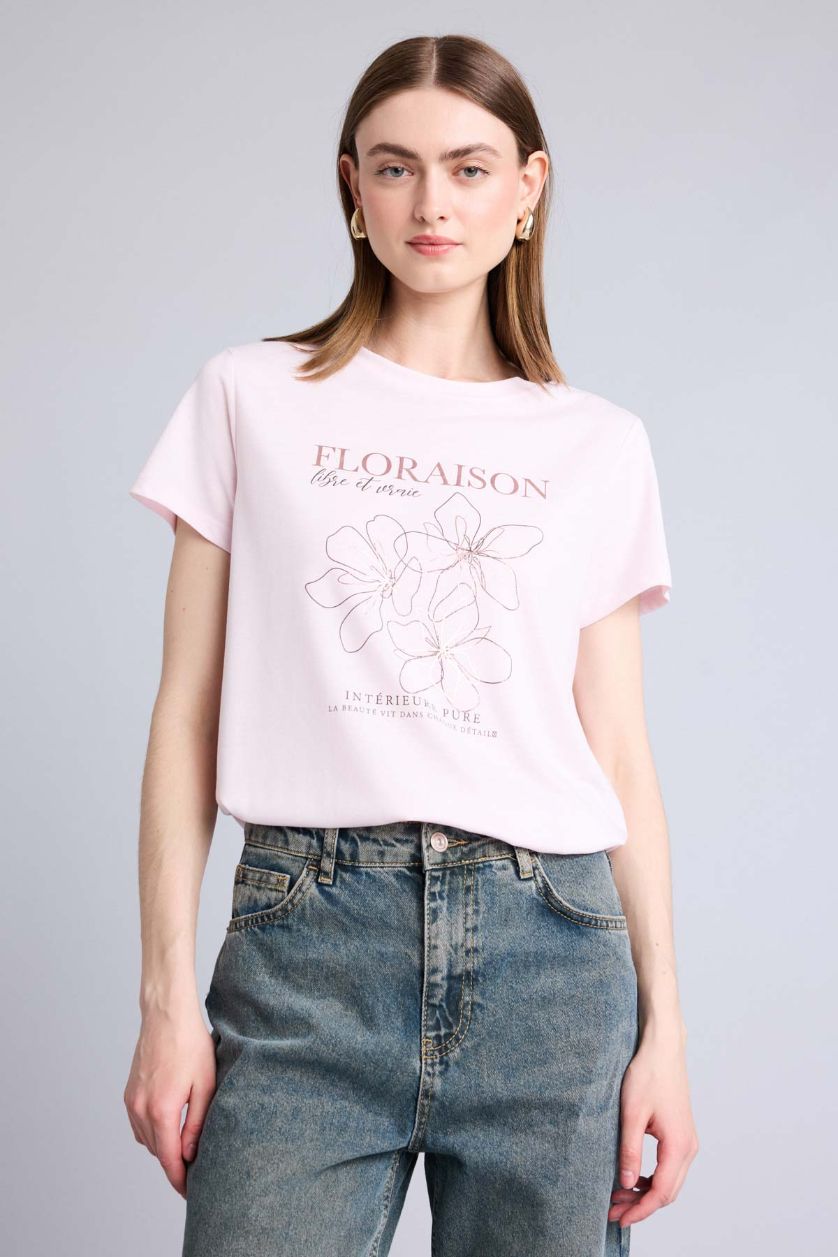 Kadın Açık Pembe Regular Fit Kısa kollu Çiçek desenli Tişört
