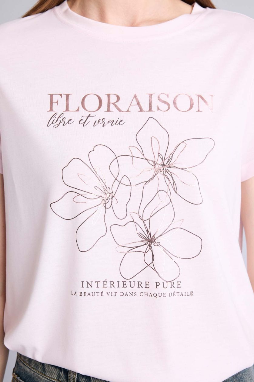 Kadın Açık Pembe Regular Fit Kısa kollu Çiçek desenli Tişört