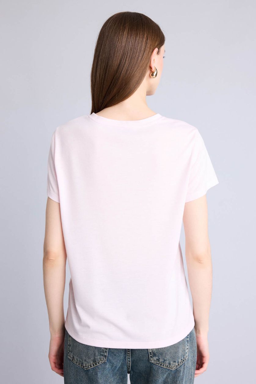 Kadın Açık Pembe Regular Fit Kısa kollu Çiçek desenli Tişört