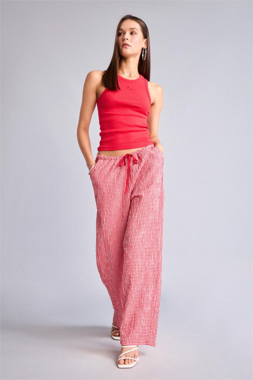 Women Red Elastic Band Wide Leg Trousers