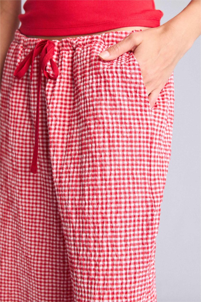 Women Red Elastic Band Wide Leg Trousers
