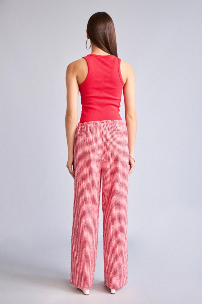 Women Red Elastic Band Wide Leg Trousers