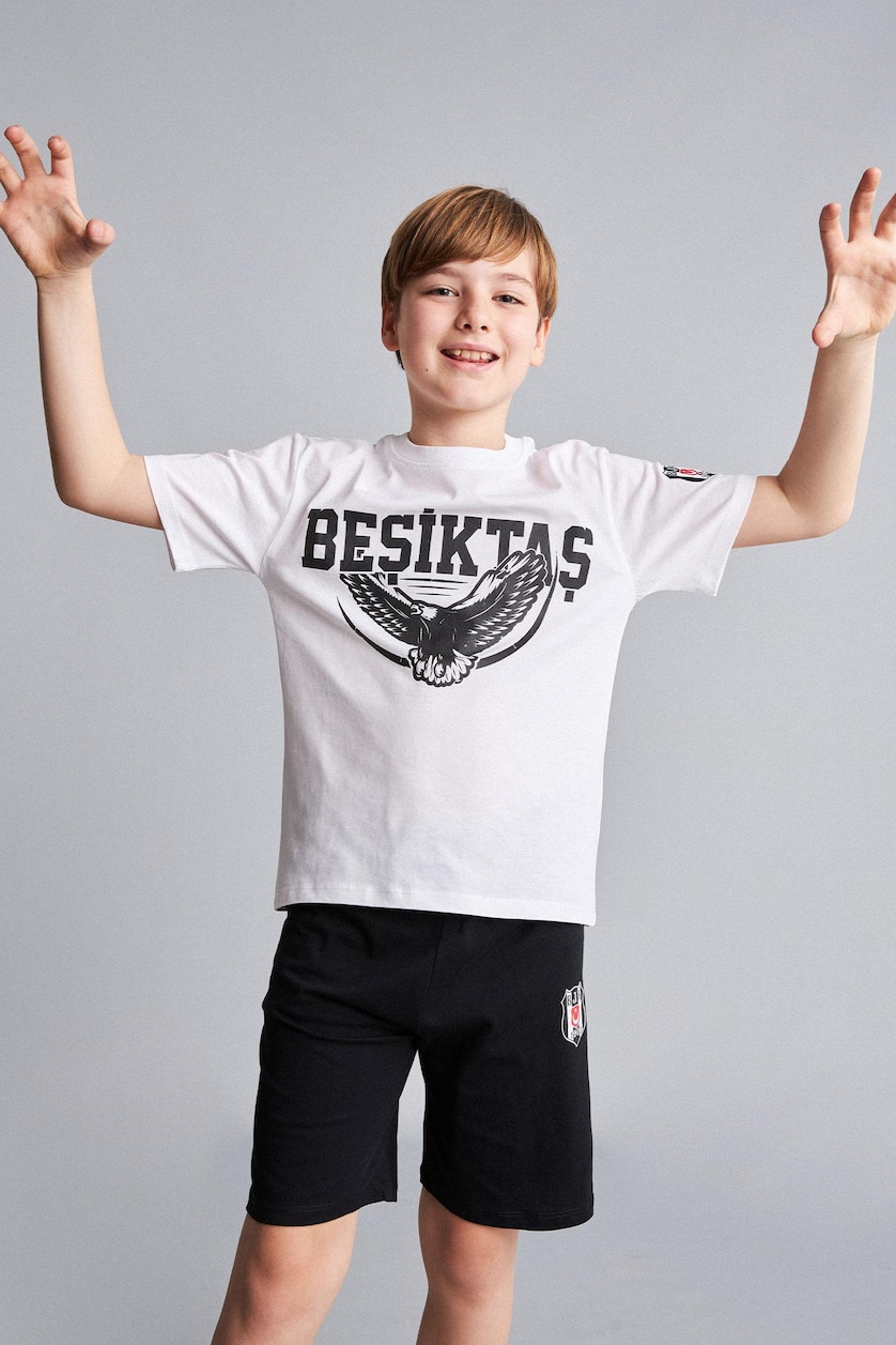Erkek Çocuk - Genç Erkek Beyaz %100 Pamuk Beşiktaş 2'li Pijama Takımı Erkek Çocuk