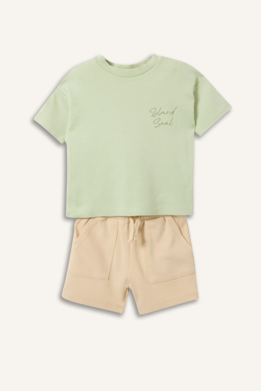 Baby Boys Mint 2 piece Regular Fit Crew Neck Embroidered Set