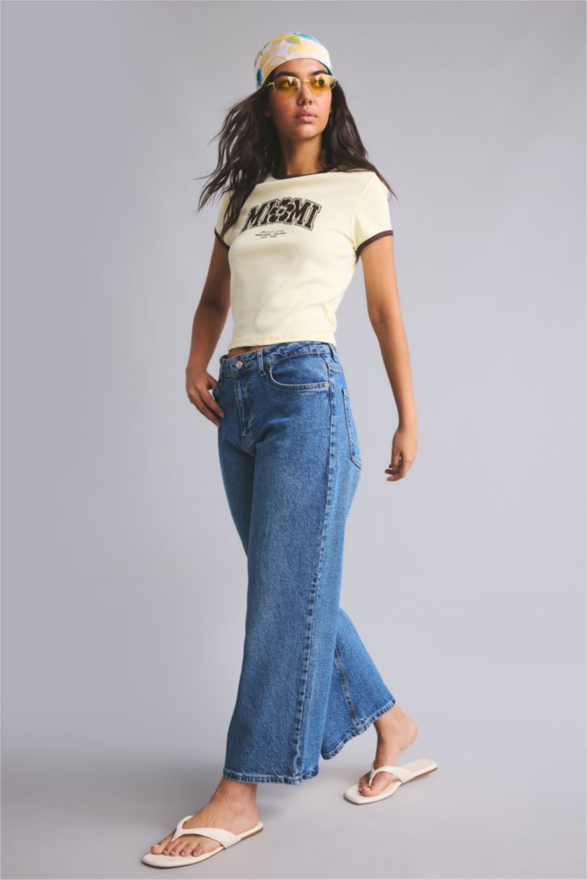 Kadın Mavi Culotte Fit Yüksek Bel Pantolon