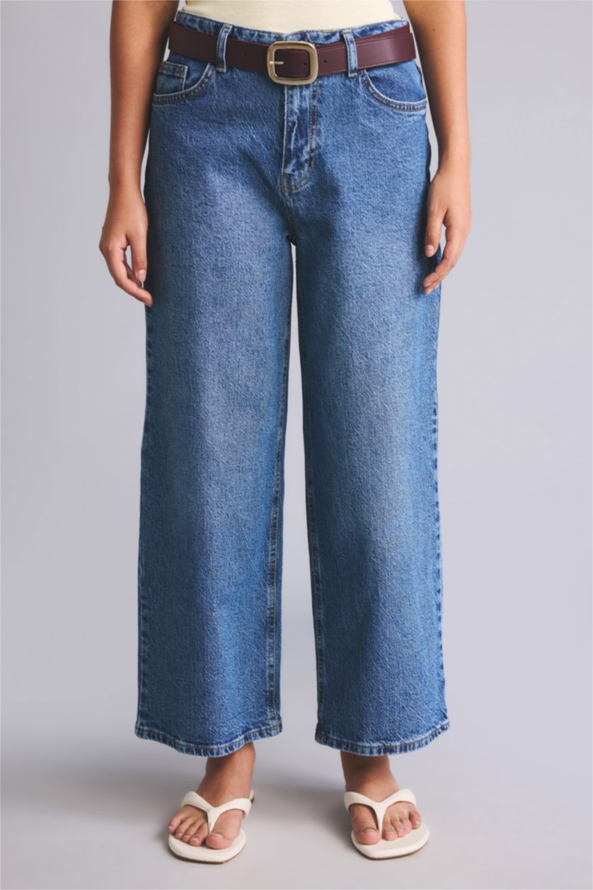 Kadın Mavi Culotte Fit Yüksek Bel Pantolon