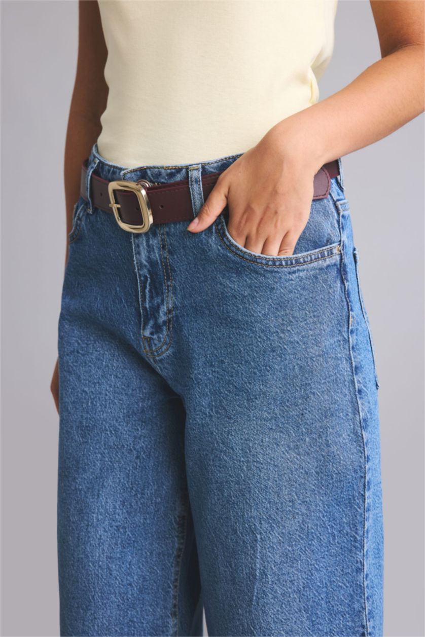 Kadın Mavi Culotte Fit Yüksek Bel Pantolon