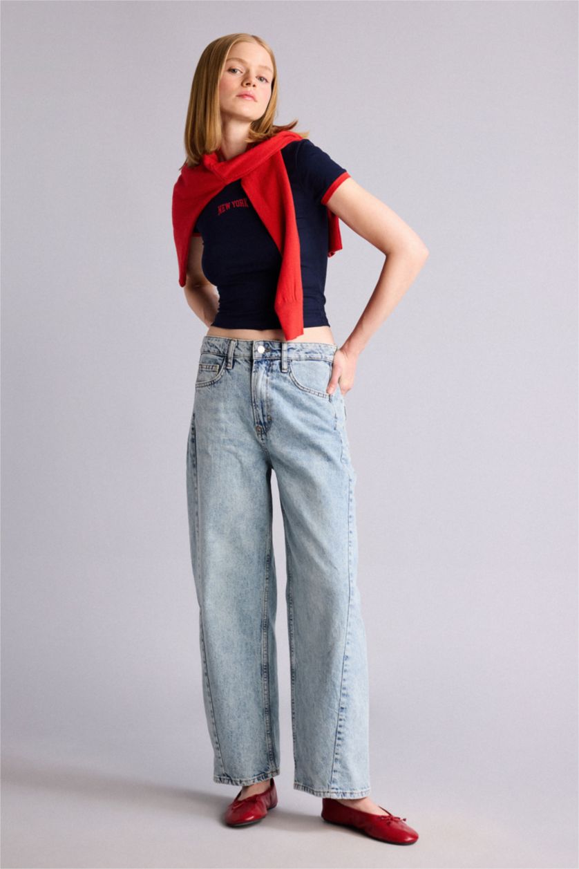 Kadın Açık Mavi Barrel Fit Yüksek bel Pantolon