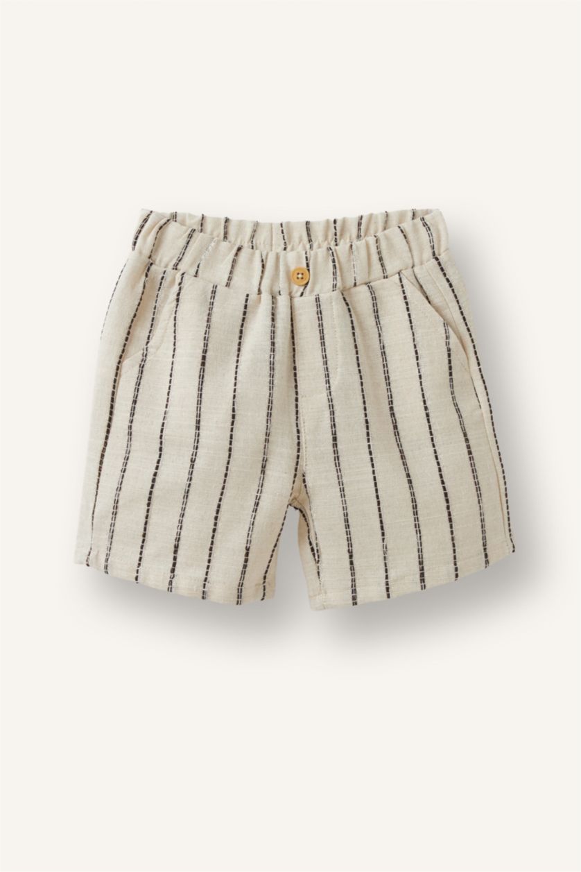 Baby Boys Light Brown 2 piece Regular Fit Crew Neck Striped Set