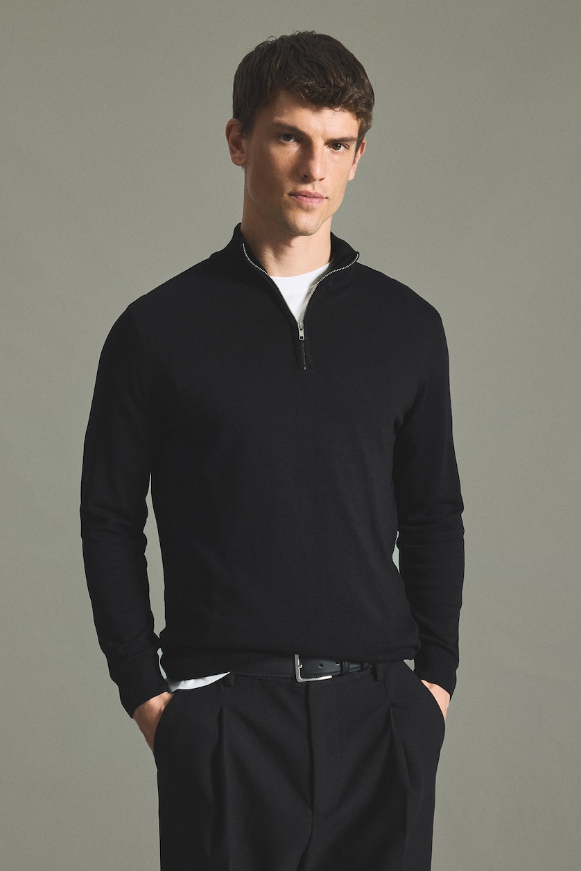MAN Black Standard Fit Basic Stand Collar Half-Zip Knit Pullover
