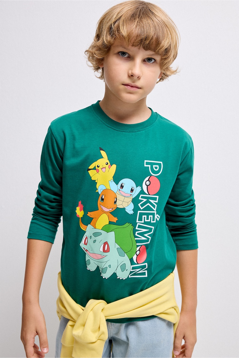 Erkek Çocuk - Genç Erkek Yeşil Pokémon Lisanslı Oversize Uzun Kollu Tişört Erkek Çocuk