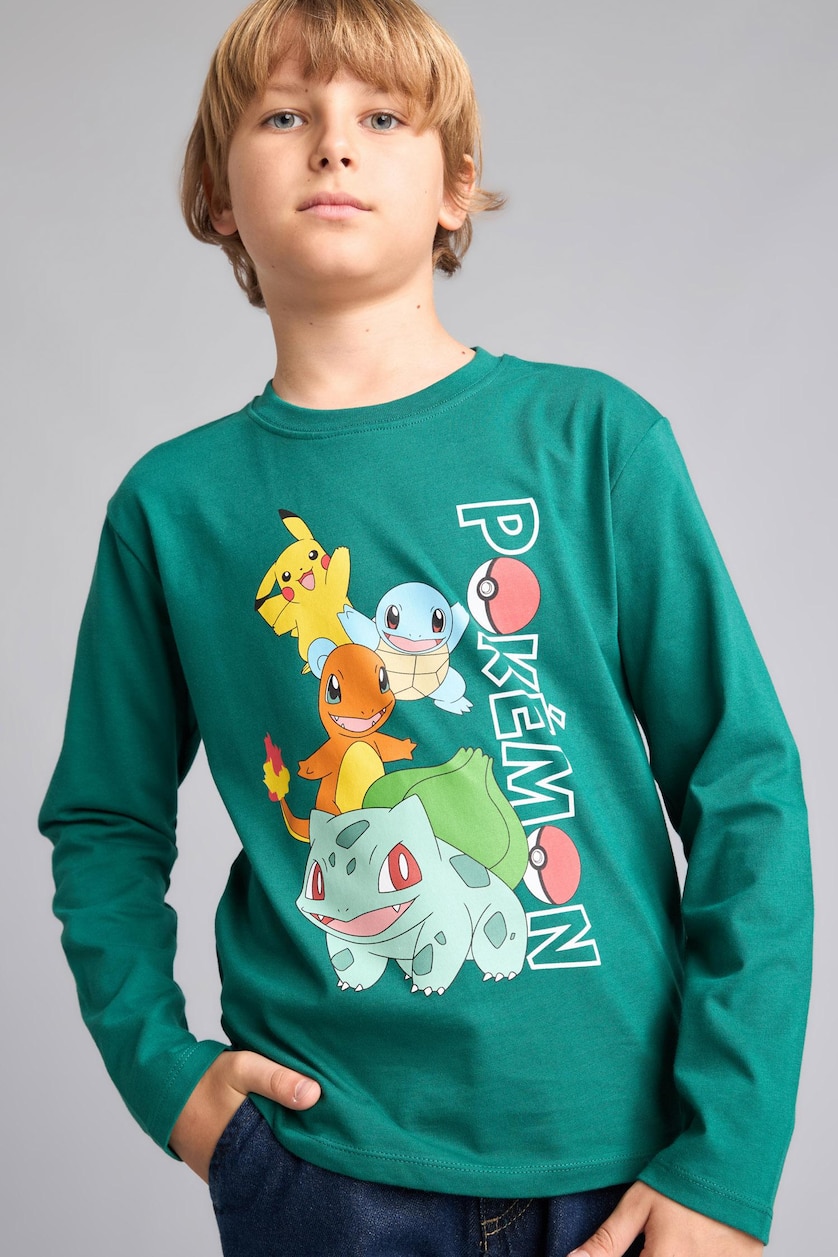 Erkek Çocuk - Genç Erkek Yeşil Pokémon Lisanslı Oversize Uzun Kollu Tişört Erkek Çocuk