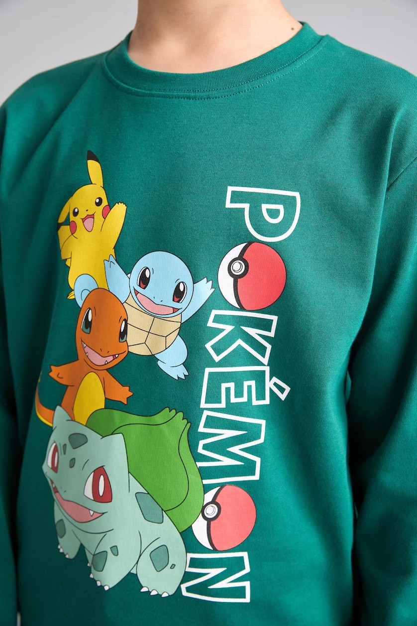 Erkek Çocuk - Genç Erkek Yeşil Pokémon Lisanslı Oversize Uzun Kollu Tişört Erkek Çocuk