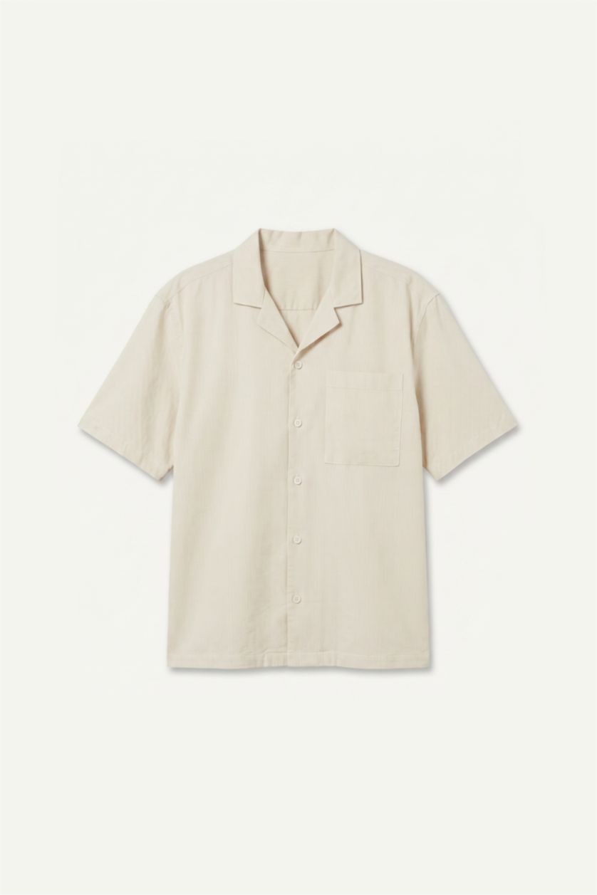 Men Ecru Boxy Fit Cotton Short Sleeve Shirt